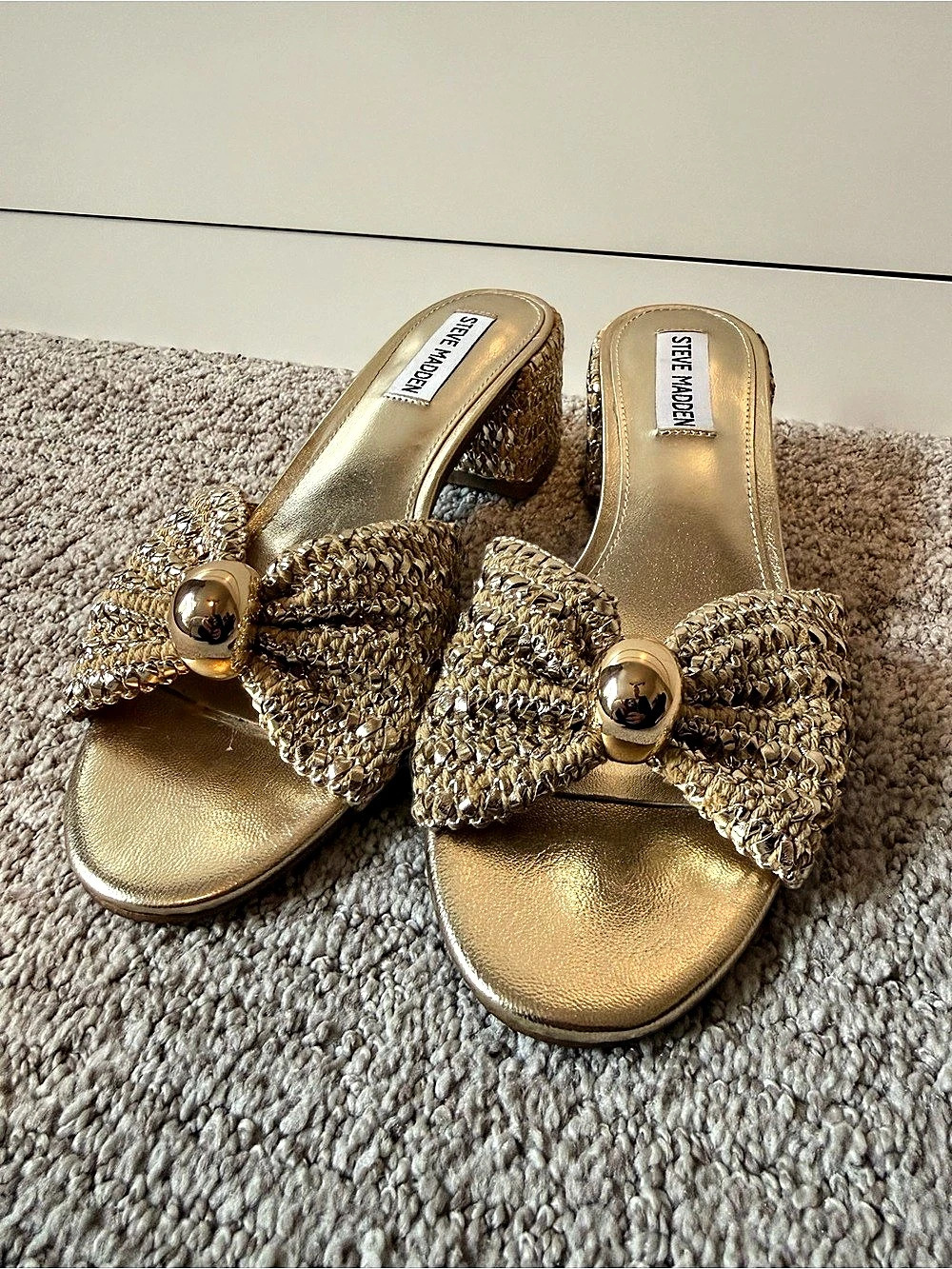 Steve Madden Gold Bow Heeled Sandals Kitten Heel